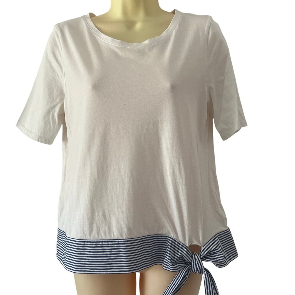 Talbots Petite Size MP White Knit Top Striped Band Side Tie Nautical Sailor